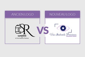 Avant/après du logo de Sandrine & Vos Instants Précieux. Refonte d'identité visuelle pour photographe et vidéaste dans la Loire.